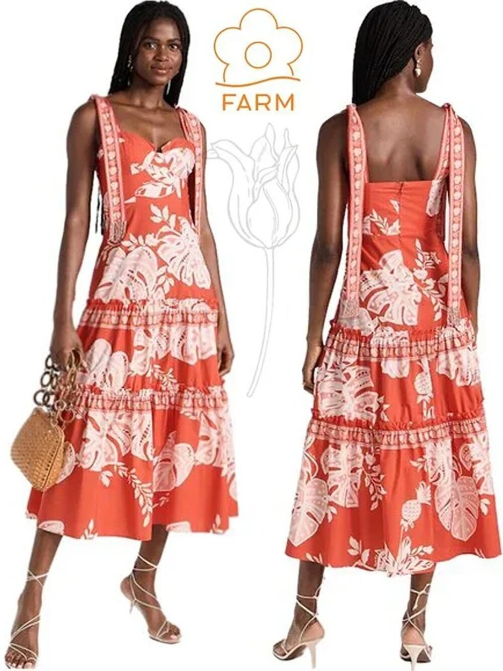 FARM RIO Lace Monsteras Red Midi Dress
